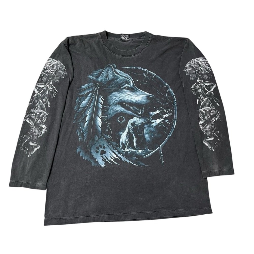 Vintage 90s Black Wolf Native American Long Sleeve Shirt Single Stitch
